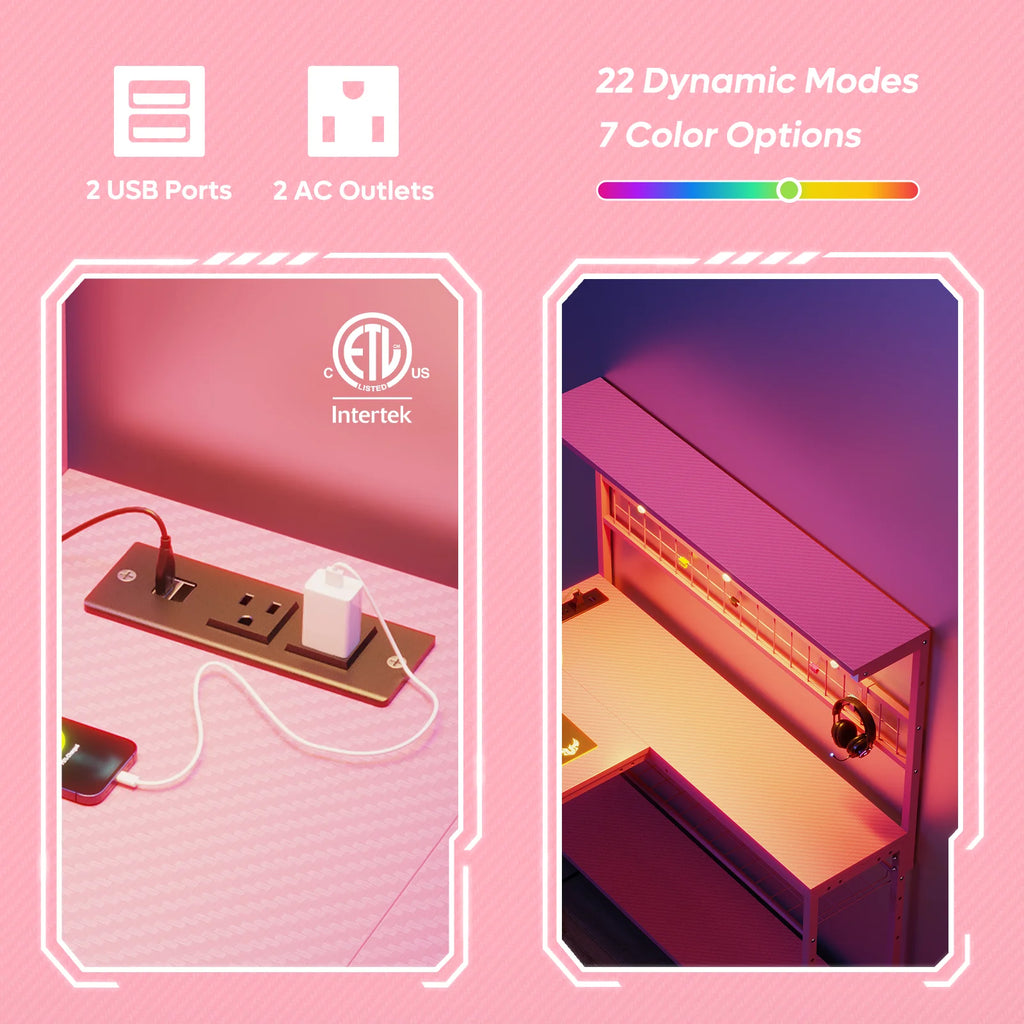 51 L Shaped Gaming Desk with Power Outlets, LED Workstation with 4 Tiers Shelves for Home Office, Gamer Reversible Table with Hooks and Cup Holder,Carbon Fiber Pink