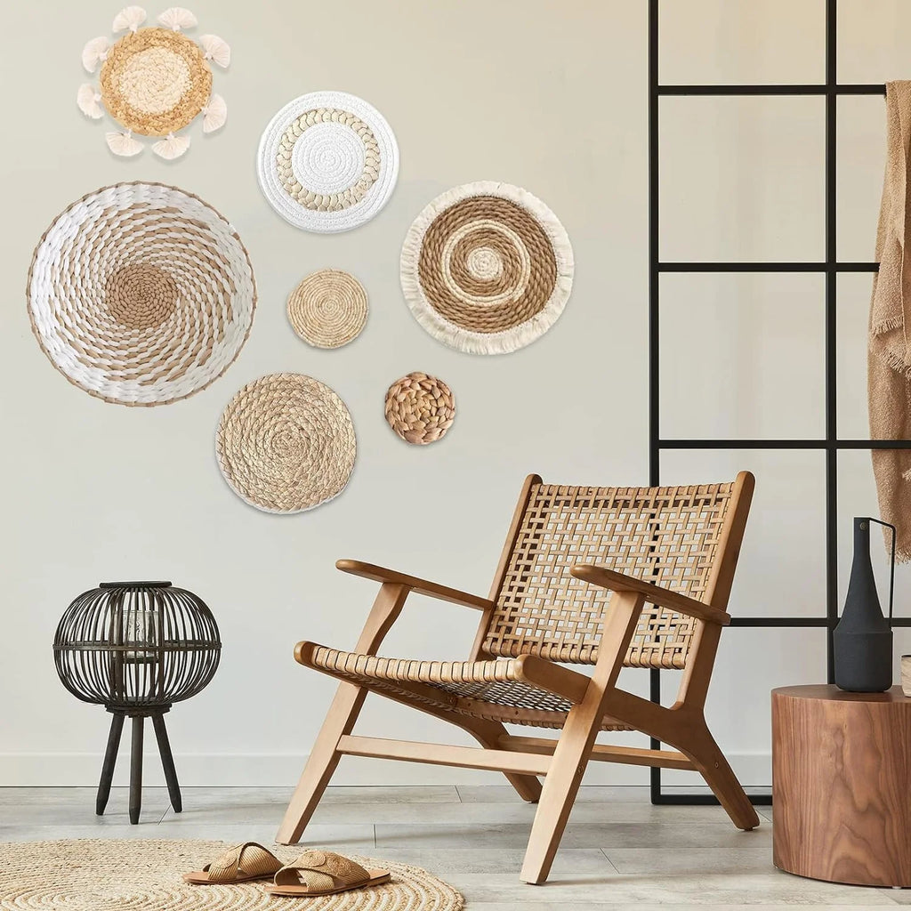 7 Pack Boho Wall Decor, Rattan Wicker Home Decor Boho Wall Art Set Handmade Hanging Rustic Flat Farmhouse Decor for Living Rooms Bedrooms Kitchen