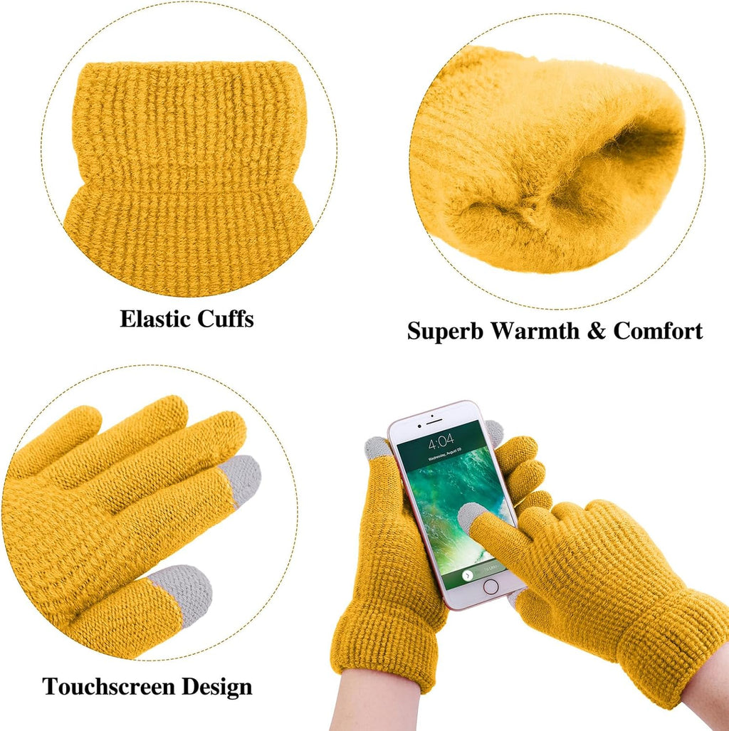 Womens Winter Warm Sets Knitted Fur Pompoms Beanie Hat Circle Loop Scarf Touch Screen Gloves Winter Favor Accessories