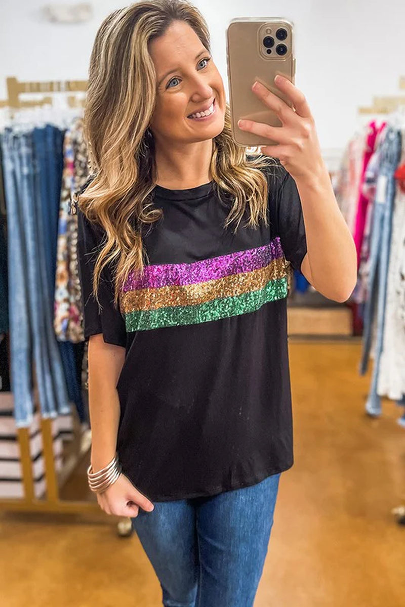 Stripes Patchwork Mardi Gras Crew Neck T Shirt