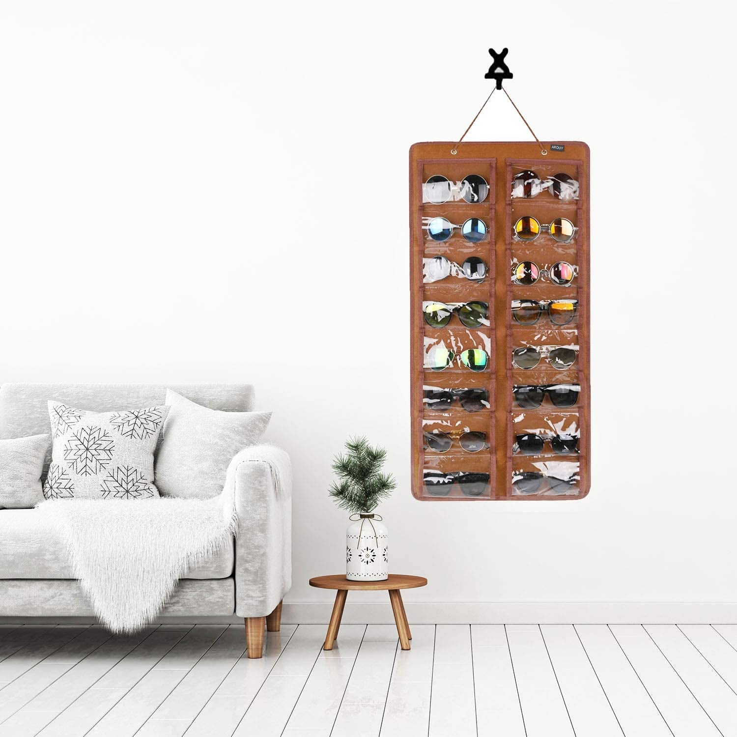 Sunglasses Organizer Storage, Hanging Dust Proof Wall Pocket Glasses Organizer - 16 Felt Slots Sunglass Organizers Holder with Metal Hook and Sturdy Rope (Brown, Dust Proof)