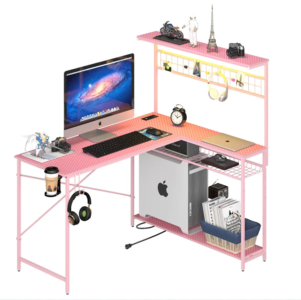 51 L Shaped Gaming Desk with Power Outlets, LED Workstation with 4 Tiers Shelves for Home Office, Gamer Reversible Table with Hooks and Cup Holder,Carbon Fiber Pink