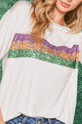 Stripes Patchwork Mardi Gras Crew Neck T Shirt