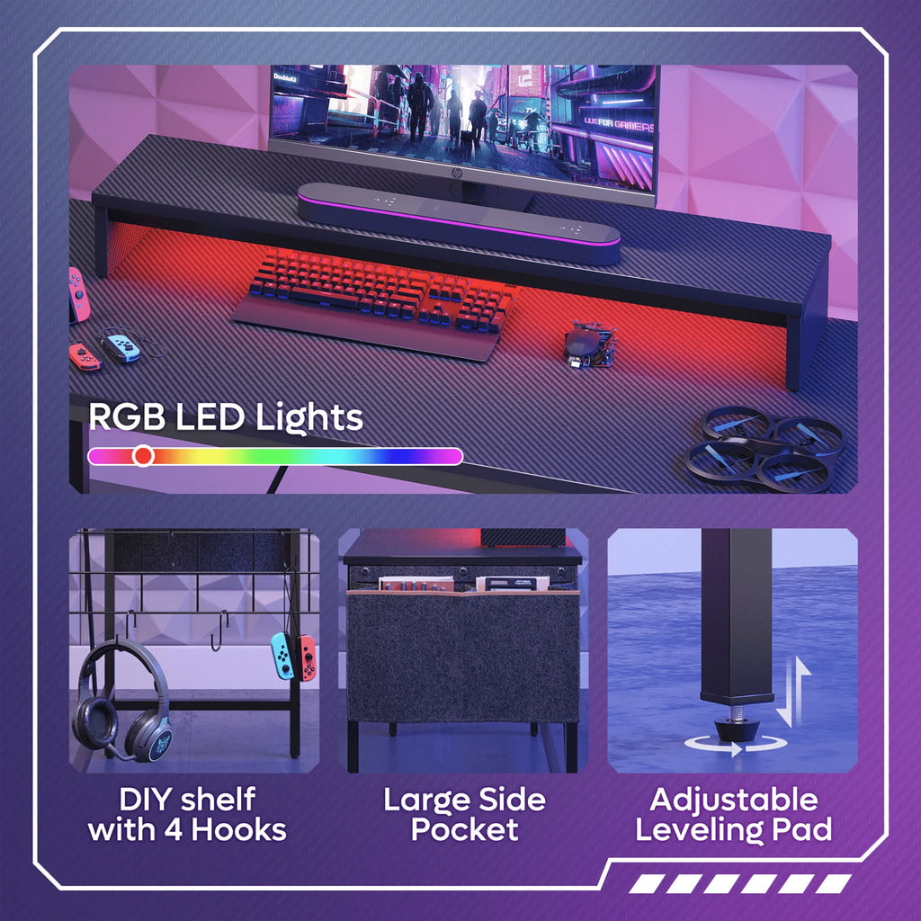 41.7 Inch Gaming Desk with LED Monitor Stand, Storage Pocket, Grid Side Frame, for Gaming Room and Home Office, Carbon Fiber Black